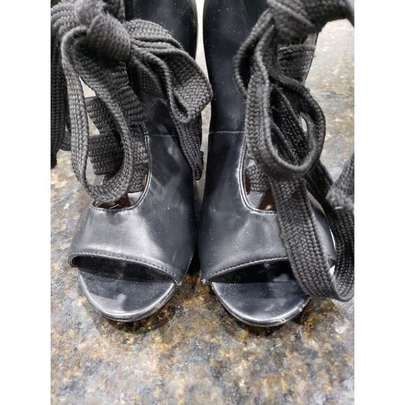 Just Fab Ankle Wrap Booties Women's 8 Black Leather Harper Peep Toe Back Zip - Picture 5 of 11